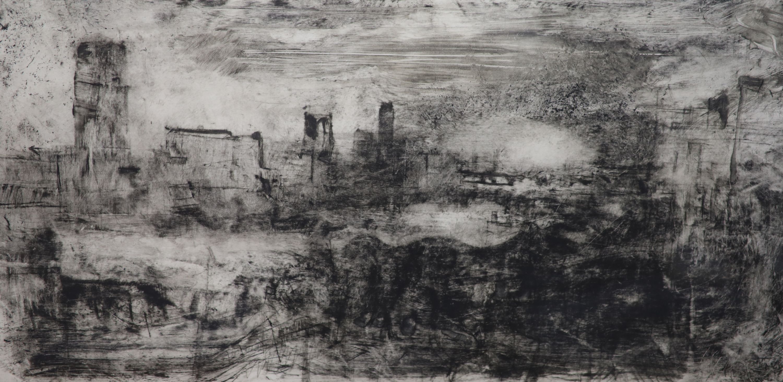 Peter Spens (1961-), drypoint and monotype, Storm, the City from the Strand, signed in pencil and dated 1999, numbered 1/1, 30 x 60cm